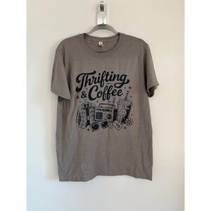 Thrifting and Coffee Graphic T-Shirt Brown Medium Short Sleeve Crewneck